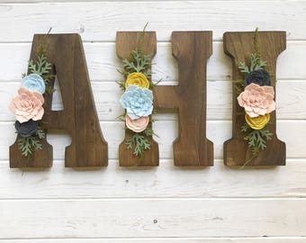 Wood Letters with Felt Flowers or Felt Succulents - You Pick Letters & Flower Color