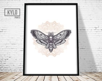Deaths Head Moth Print, Mandala Art, Wall Art Print, Insect Art, Moth Art, Mandala Print, Minimalist Print, Yoga Wall Art, Yoga Print, Home