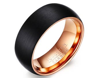 Black Tungsten Wedding Band Rose Gold, Black Tungsten Ring, Black Ring, Promise Ring, Mens Ring, 8mm Comfort Fit Personalized Ring