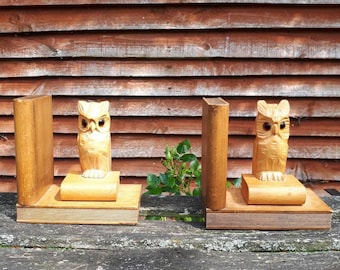 Vintage Wooden Carved Owl Bookends