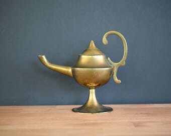 Brass Genie Lamp, incense burner, solid brass, midcentury, tea pot, Enesco