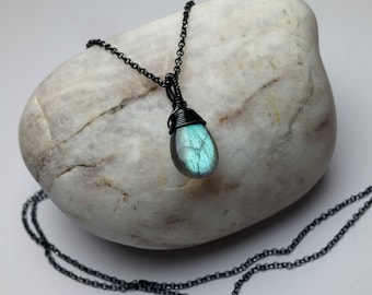 Labradorite Necklace, Oxidized Sterling Silver Pendant, Gemstone Necklace Labradorite Jewelry Blue Labradorite Pendant Unique Gift for Women