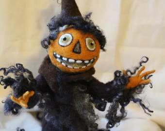 Custom Needle Felted Halloween Pumpkin Head Sculpture