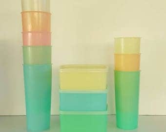 VINTAGE TUPPERWARE Pastel Wonderlier Cups, Tumblers, Square Lidded Containers, Retro
