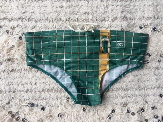 Vintage 80's GUCCI GG Buckle Green Plaid Mens Bathing Suit