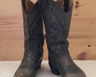 Vintage TONY LAMA Cowboy Boots Size 9 Black Grey