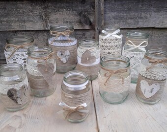 14 Rustic Vintage Wedding Lights Handmade Glass Linnen Jars Tea Light Candle Holders Decor 14 Rustic Vintage Wedding Lights Handmade Glass Linnen Jars Tea Light Candle Holders Decor