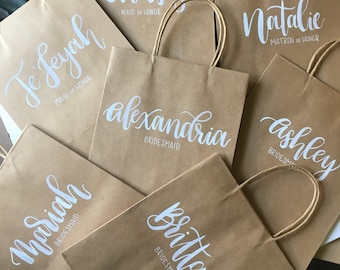 Custom Wedding Gift Bags, Personalized Gift Bags, Bridesmaids Gift, Maid of Honor Gift, Calligraphy Gift Bag, Hand Lettered Gift Bag