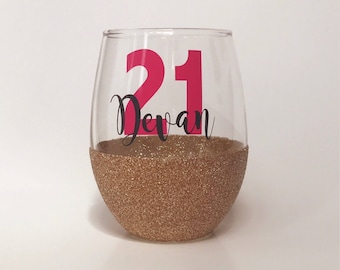 21st Birthday Wine Glass - Birthday Wine Glass - Glitter Wine Glass - 30th Birthday Wine Glass - 40th Birthday Wine Glass - Stemless Wine