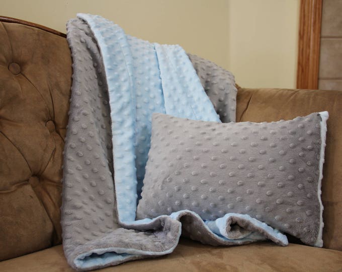 Receiving Blanket, Blue & Gray Minky Dot Baby Blanket and Pillow Gift Set, Security Blanket 30 x 36 Reversible Minky