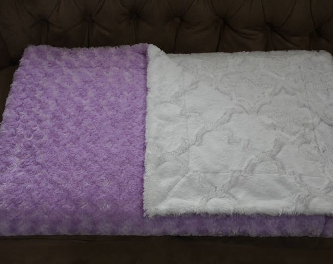 Adult Minky Blanket, Child Minky Blanket, White & Lavender Minky Blanket, Sofa Throw, Faux Fur Blanket, Valentines Day Gift for Her