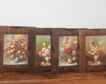 Vintage Floral Print Wood Hanging Plaques, Vintage Wall Decor, Vintage Wood Hanging Plaques With Flowers, French Cottage