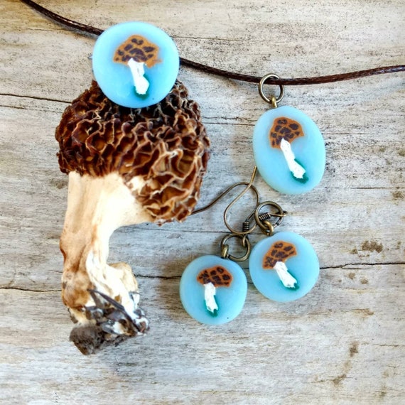 Morel Mushroom Jewelry Set Handmade Clay Mushrooms Matching