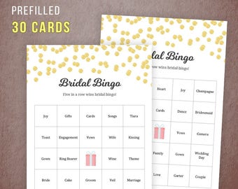 Prefilled Bridal Shower Bingo Cards, Bridal Shower Games Printable, Gold Confetti Shower Games, 30 Unique Bingo Cards, Wedding Shower, BSG1