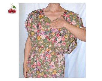 Combination René Derhy khaki floral vintage 80's jumpsuit Bohemian romantic bucolic french boho khaki flowers printed jumpsuit