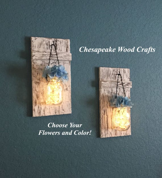 Set of 2 Hanging Mason Jar Sconces with Hydrangeas Mason Jar