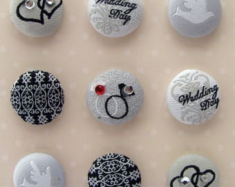 Buttons - brads - tissue - fabric - wedding - hearts - rings - dove - set of 9 buttons brads