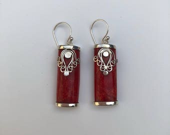 Boucles D'oreilles En Argent 925 Avec Corail Fossile Chrysanthemum - Fait Main Unique