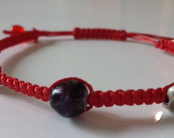 Fire red macrame bracelet with silver color metal beads