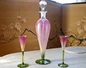 Antique Pink Thereseinthal Bohemian Art Glass Decanter and Cordial Glasses in Hand Painted and Enamel Flower with Green Stems