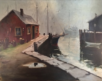 Vintage 1966 Massachusetts Harbor Oil Painting / Original Art Rockport, MA. Dock Scene / Coastal Decor Painting with Boats