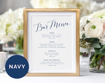 Navy Wedding Bar Menu Sign Template | Printable Bar Menu Wedding Sign | DIY Wedding Sign Bar Menu Printable | Table Sign Wedding Template