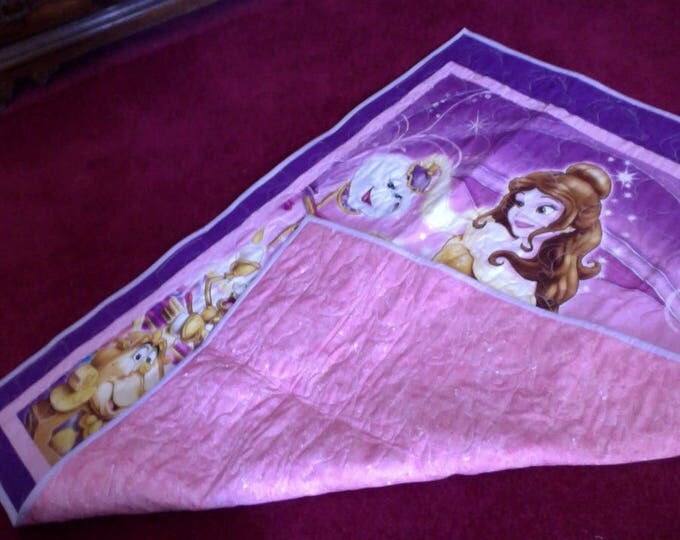 Beauty and The Beast Disney Panel Quilt Purple Yellow and Pink, Throw Quilt- Lap Quilt- Bedding-Blanket, Home and Living