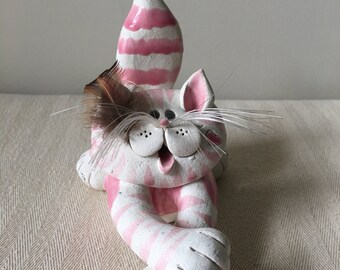 Funky Cat Business card holder -cat lover-hand made-pink cat-hand sculpted and signed by artist-office-desk-business accessories-cats
