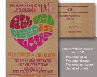 All you need is love Wedding Invitations/Kraft paper wedding invitations/Heart/ printable Wedding Invitation with RSVP/template download