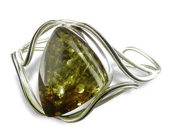 Large Green Amber With Waves Sterling Silver Bangle
