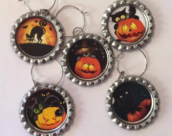 Halloween Cats. Halloween. Flattened Bottle Cap Wine Charms, Wine Accessories, Party Favors, Bunco Prize, Stocking Stuffers - Set of 5
