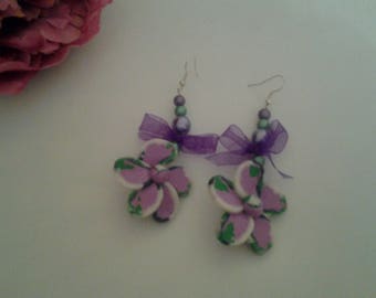 large flowers, pearls and Ribbon earrings