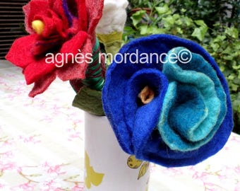Large blue flower felted wool - OOAK