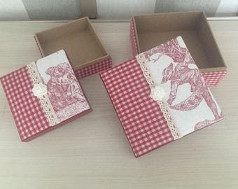 Boxes handmade gingham canvas red Jouy French country Shabby Chic flower lace