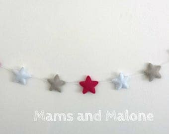 Fabric Garland stars for children and babies, gray, white, raspberry pink