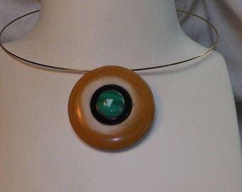 Necklace wooden turned 1 boxwood ebony inlay Malachite
