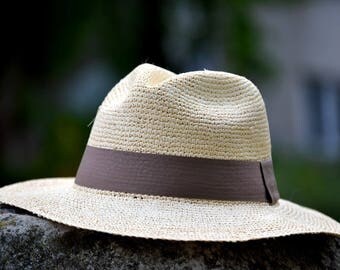 Handmade crochet in natural straw Panama borsalino Hat