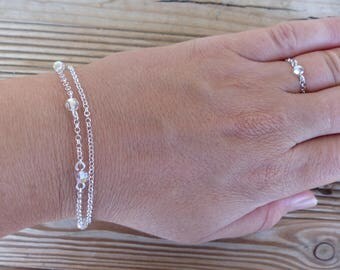 Bracelet 2 rangs argent massif 925 chaine perles swarovski transparent irisé