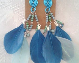 Large coil and feathers - Turquoise (GBOS001) earrings