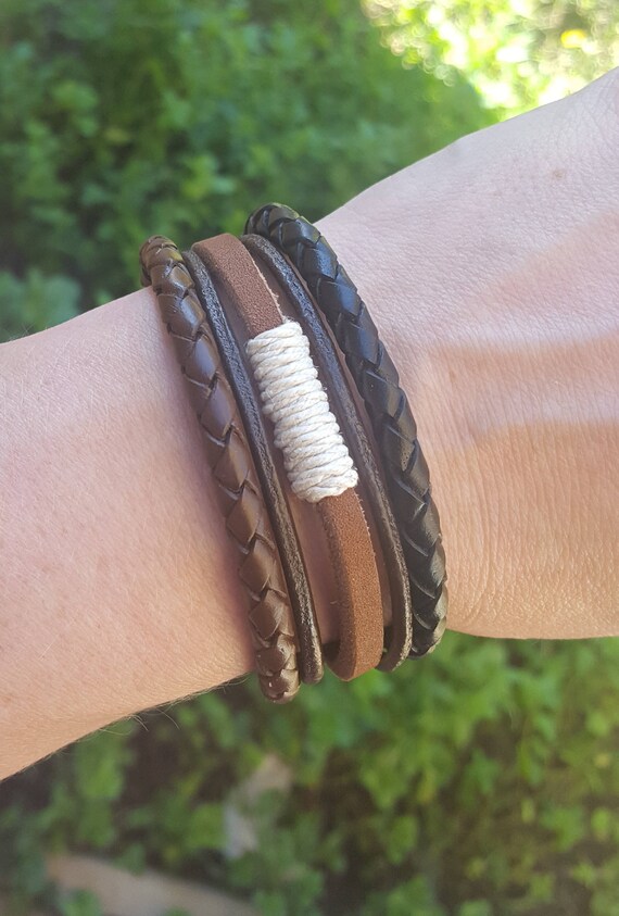 Mens leather bracelet wrap around effect black and brown