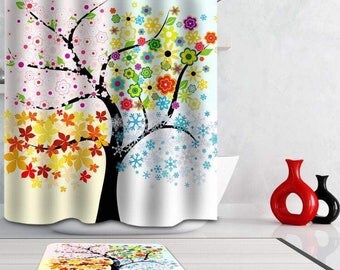 Four season tree shower curtain,100% polyester,waterproof,mildrewproof,180cmx180cm,easy dry,digital print,12 rings included,machine washable