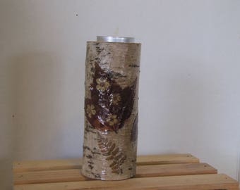Fall White Birch Candle Holder with Real Ferns Autum leaf pressed flowers 5" tall maple leaf yellow green tea candle base