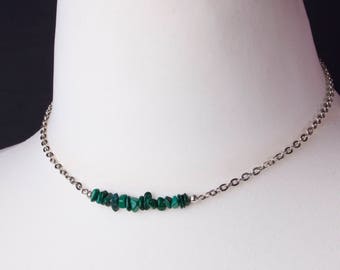Malachite necklace - Green gem silver necklace | Simple gemstone chip necklace | Malachite jewellery | Raw malachite chipstone jewelry