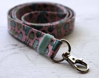 Cactus lanyard - cute lanyard - pink lanyard - cactus print - ID badge holder -cacti key fob - key lanyard - pink key holder lanyard