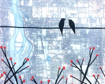 Sellwood / 6 x 6 Map Painting / Portland Art / Love Birds / Map Art / Modern flower / Modern Decor / Rachel Austin Art / Modern Nursery