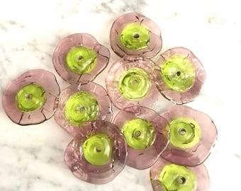 Monet fairy Wings watercolor glass ruffle disc set...in amethyst and lime ...Handmade lampwork glass beads by Marianna