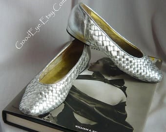 Vintage SILVER Woven Leather Ballet Flats Shoes / Size 6 .5 B Eu 36 .5 Uk 4 / PALOMA made in Italy 1990s