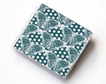 Handmade Vinyl Moo Square Card Holder - Butterflies Blue / case, vinyl, snap, wallet, paper, mini card case, moo case, square, butterfly