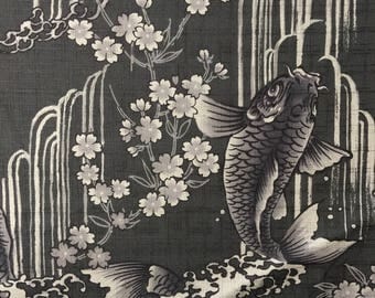Carp, Waterfall, and Cherry Blossoms Japanese cotton dobby fabric Koi Sakura GRAY IGA-14240-2D