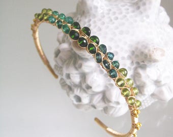 Green Gemstone 14k Gold Filled Cuff, Stackable Bracelet with Peridot, Apatite, Tsavorite, Signature Original, Made to Order